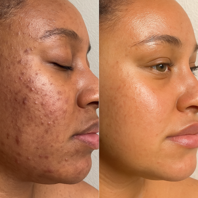 woman with acne-prone skin in natural light